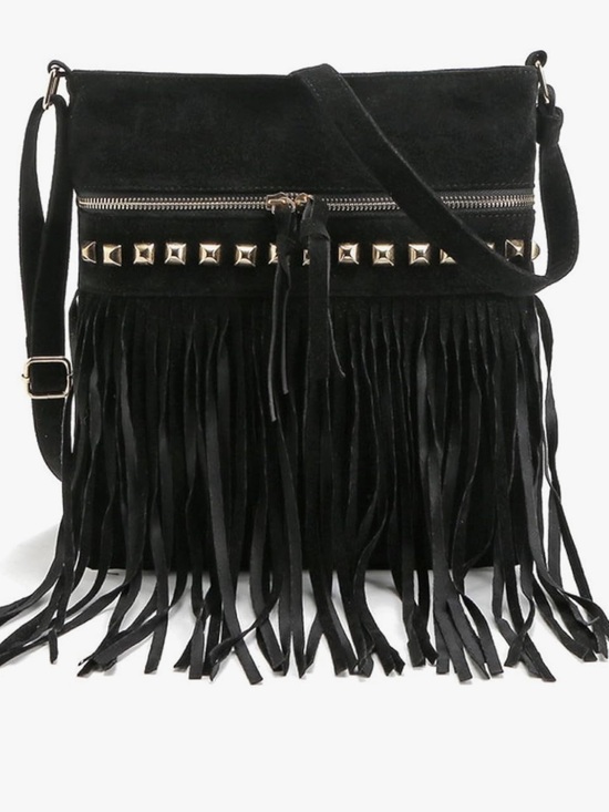 Handbags - Black Fringe, Faux Suede, Crossbody Bag with Stud Detail
